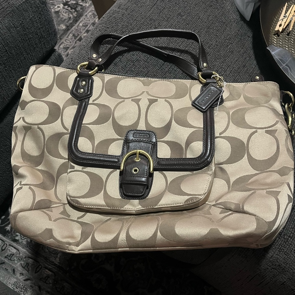 Coach Tan and Black Signature Monogram Crossbody Bag